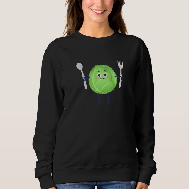 Sweatshirt Chou vert mignon tenant une fourchette et une cuil (Devant)