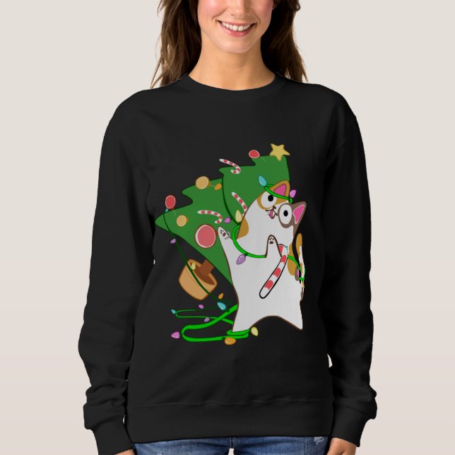 Sweatshirt Christmas Cat Calico frappe sur xmas tree kitty cu (Devant)