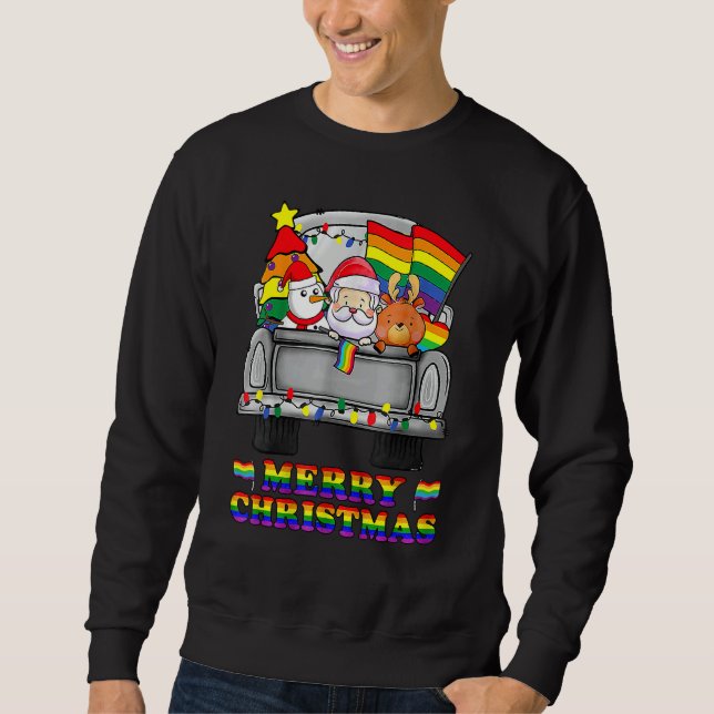 Sweatshirt Christmas Santa & Reindeer In Truck Support LGBT (Devant)
