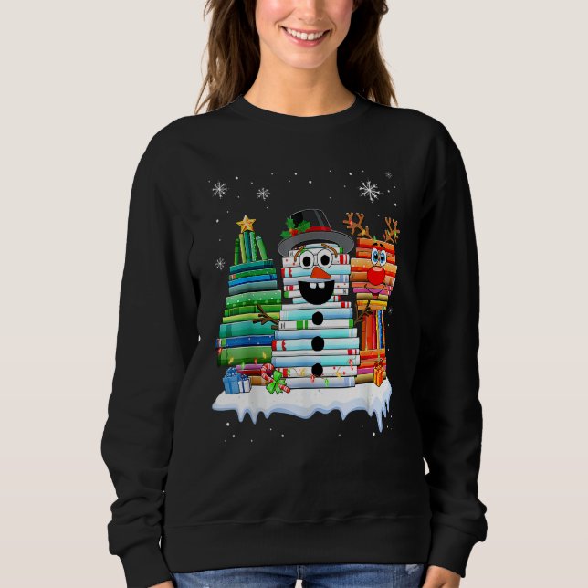 Sweatshirt Christmas Tree Snowman Reindeer Book Stack Librari (Devant)