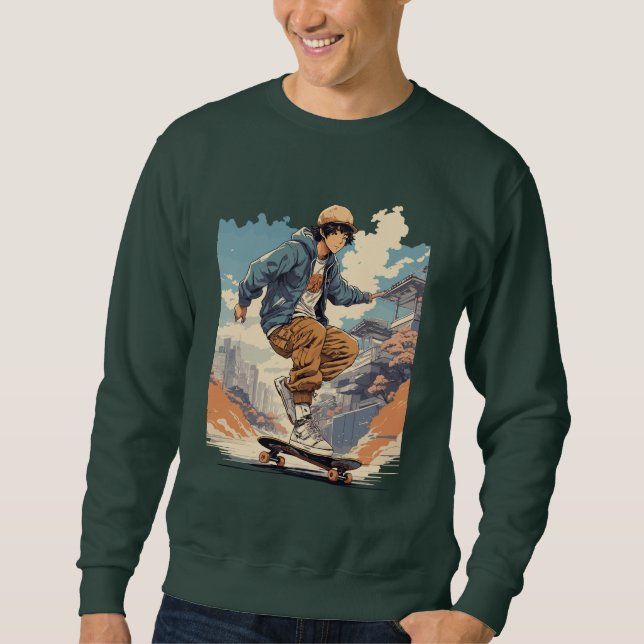 Sweatshirt Classic Retro anime japonais Skateboarder (Devant)