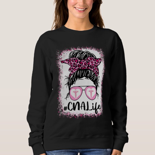 Sweatshirt Cna Life Messy Bun Pink Leopard Bleached Nurse D (Devant)