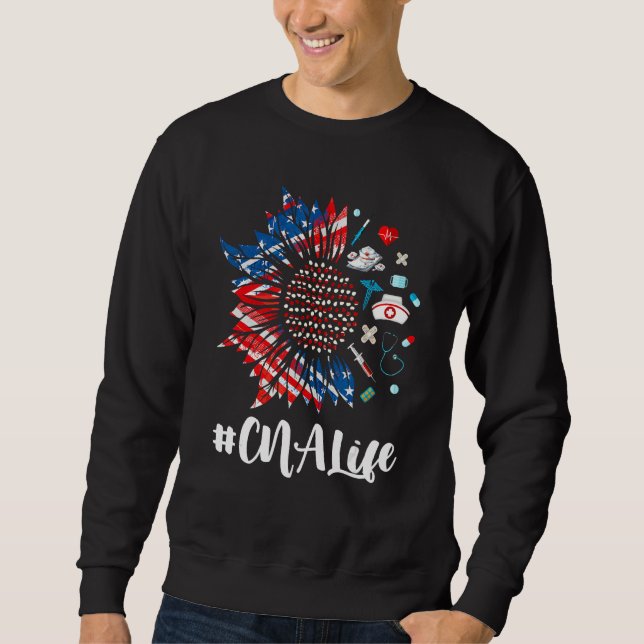 Sweatshirt CNA Life Stethoscope Sunflower USA Flag 4th Of Jul (Devant)
