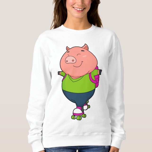 Sweatshirt Cochon à Patinage en ligne avec patins à rouleaux (Devant)