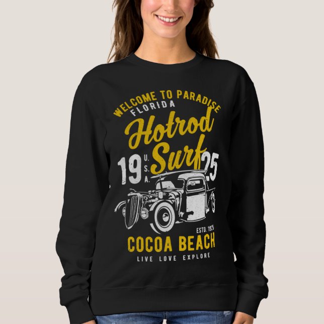 Sweatshirt Cocoa Beach Florida Retro Hotrod Surf Distressed   (Devant)