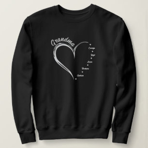 Sweatshirt Coeur avec 5 noms personnalisés, Grand-mère Coeur