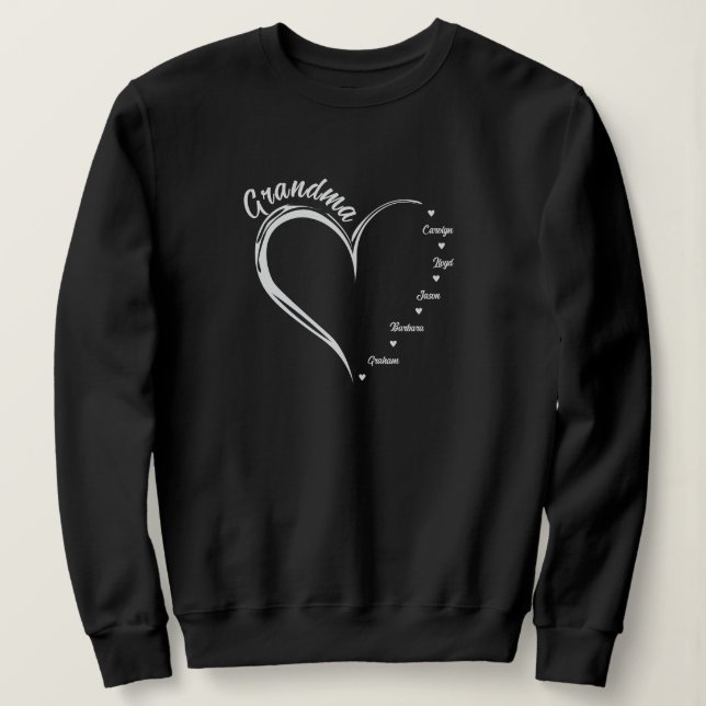 Sweatshirt Coeur avec 5 noms personnalisés, Grand-mère Coeur (Design devant)