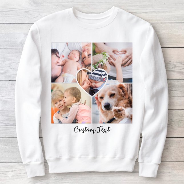 Sweatshirt Collage photo de cœur de script moderne avec texte (Photo Collage with Heart-Shaped Picture and Custom Text Sweatshirt)