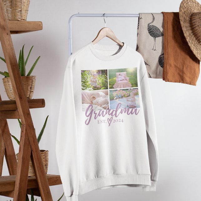 Sweatshirt Collage photo mou de grand-mère (White sweatshirt with a photo collage and "Grandma EST. 2024" in purple font, displayed on a hanger )