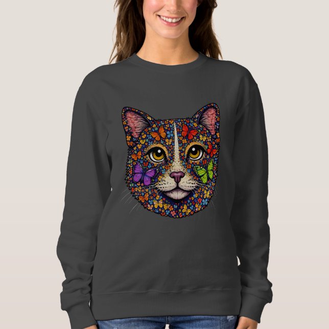 Sweatshirt Colorful Butterfly Blooms Cat Portrait Kitty Lover (Devant)