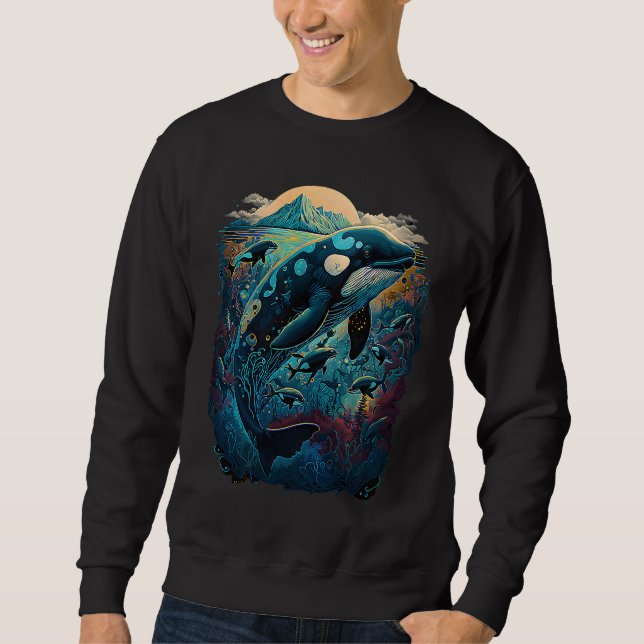 Sweatshirt Colourful mystical orca whale watching dolphin pot (Devant)