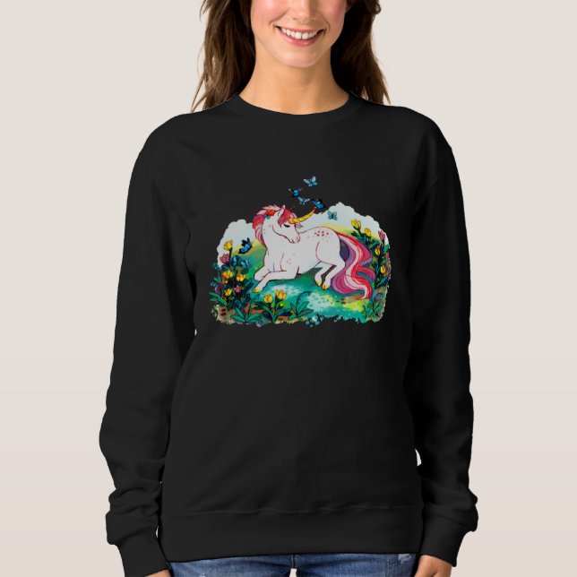 Sweatshirt Colourful unicorn lying on a flower filled area (Devant)