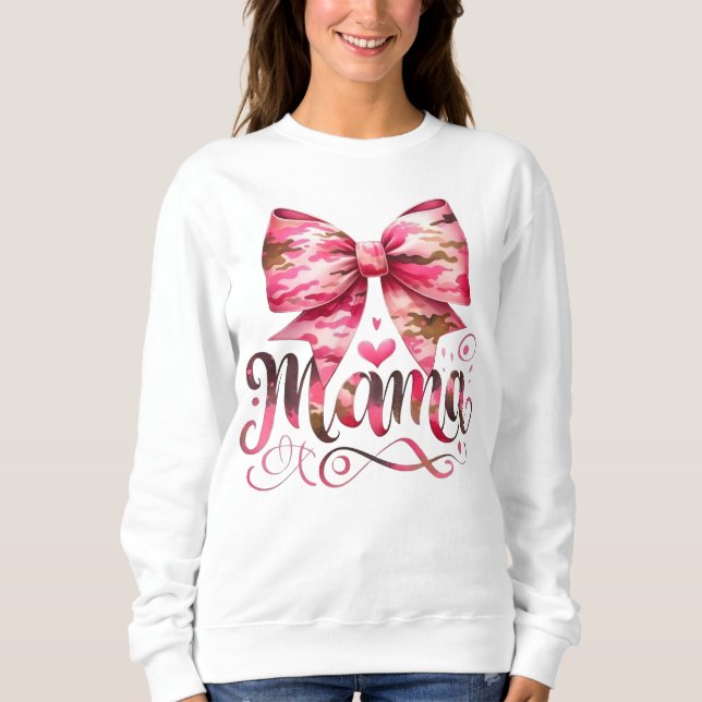 Sweatshirt Conception de script Mama à arc camouflage rose (Devant)