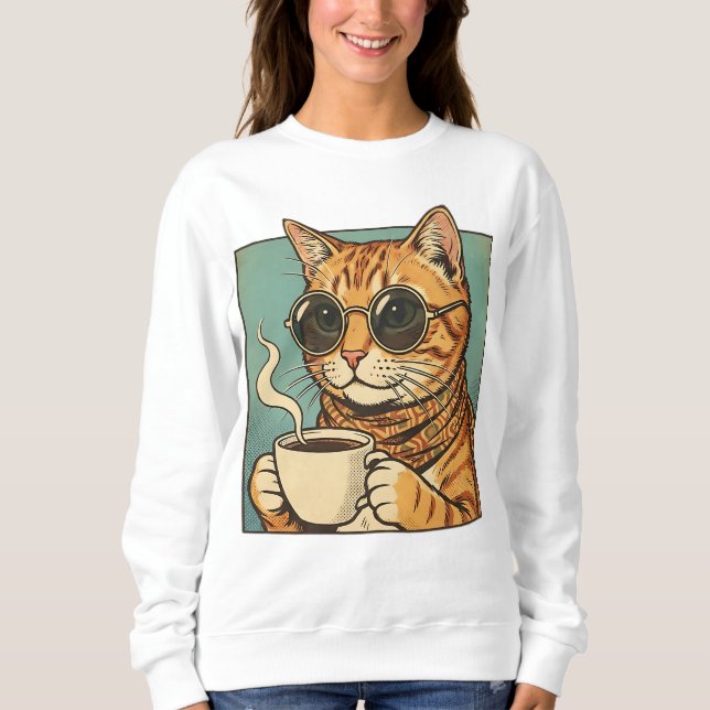 Sweatshirt Cool Cat Coffee Retro Style Design for Cat Lovers (Devant)