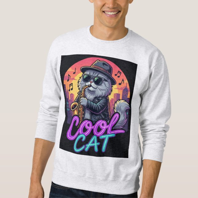 Sweatshirt Cool Cat Saxophone – Retro Neon 90s Jazz Cat Desig (Devant)
