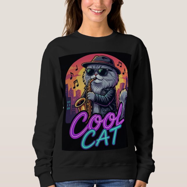 Sweatshirt Cool Cat Saxophone – Retro Neon 90s Jazz Cat Desig (Devant)