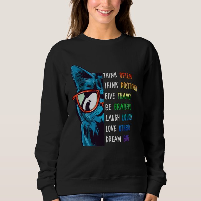 Sweatshirt Cool Cat Thinking Positive Motivation Saying Menta (Devant)