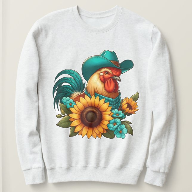Sweatshirt Coq avec Casquette Turquoise et tournesols (Design devant)