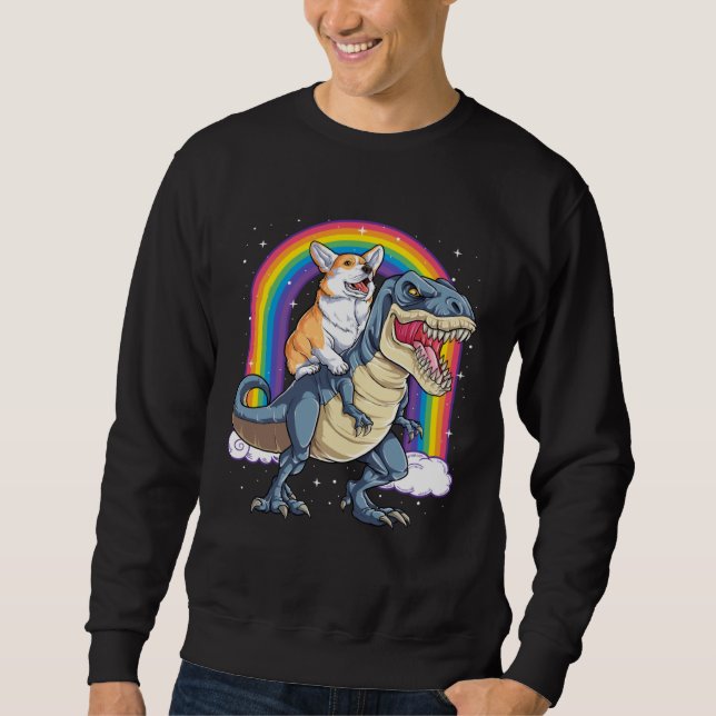 Sweatshirt Corgi Riding Dinosaur rex  Men Women Rainbow (Devant)
