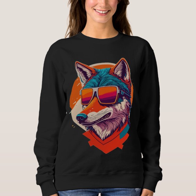 SWEATSHIRT COUPER LE VERRE SOLAIRE PORTANT DU LOUP. (Devant)