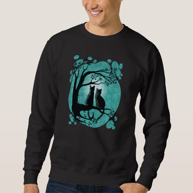 Sweatshirt Couple Chat Mignonne Assis Sur Arbre Avec Lune Dan (Devant)