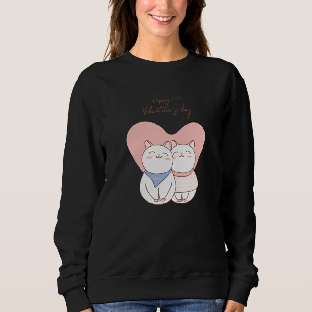 Sweatshirt Couple of cute cats with heart love Happy Valentin (Devant)