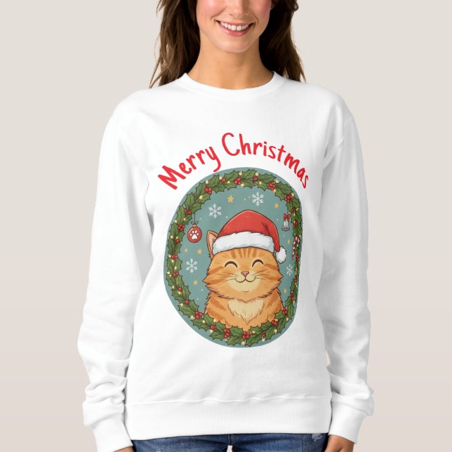 Sweatshirt Couronne de Noël avec un chat mignon  (Devant)