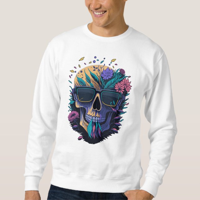 Sweatshirt Crâne avec lunettes de soleil et fleurs (Devant)
