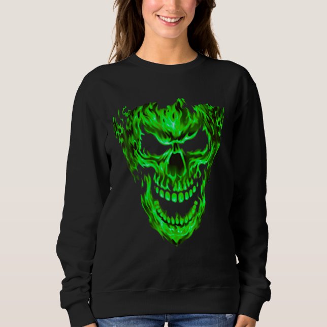 Sweatshirt Crâne de flamme de feu vert effrayant design impre (Devant)
