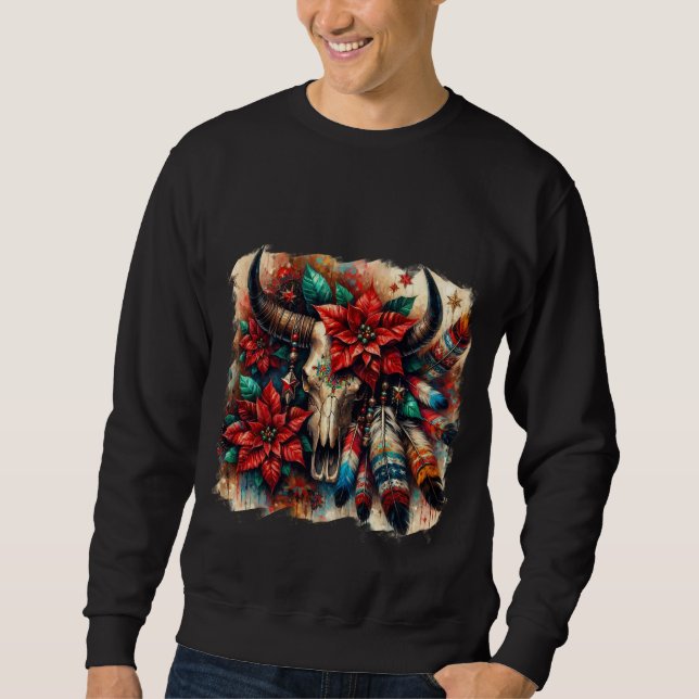 Sweatshirt Crâne de la vache de Noël Poinsettias plumes (Devant)
