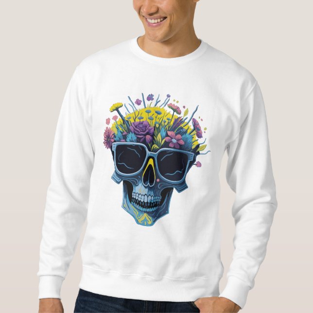 Sweatshirt Crâne rétro avec lunettes de soleil et fleurs | ja (Devant)