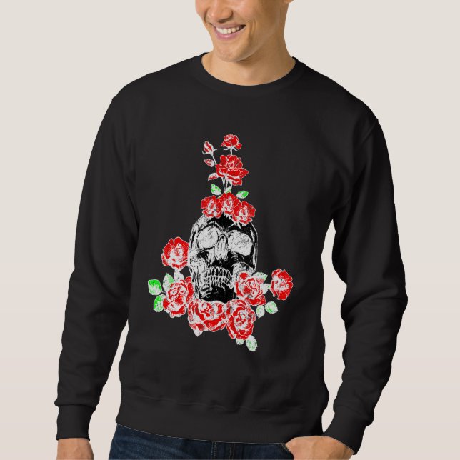 Sweatshirt Crâne Skeleton crâne rose fleurs roses plante amou (Devant)