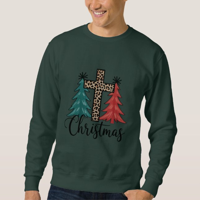 Sweatshirt Croix de léopard Arbres de Noël Chrétiens  (Devant)