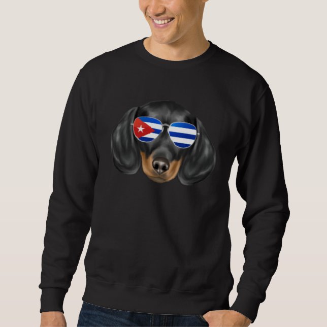 Sweatshirt Cuban Flag Black Dachshund Dog Cuba Pocket (Devant)