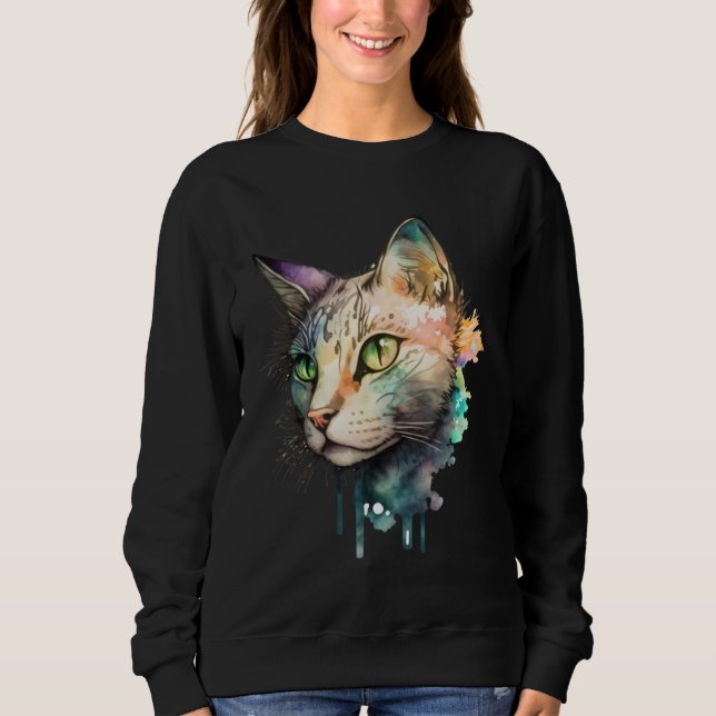 Sweatshirt Cute adorable unique watercolor cat (Devant)