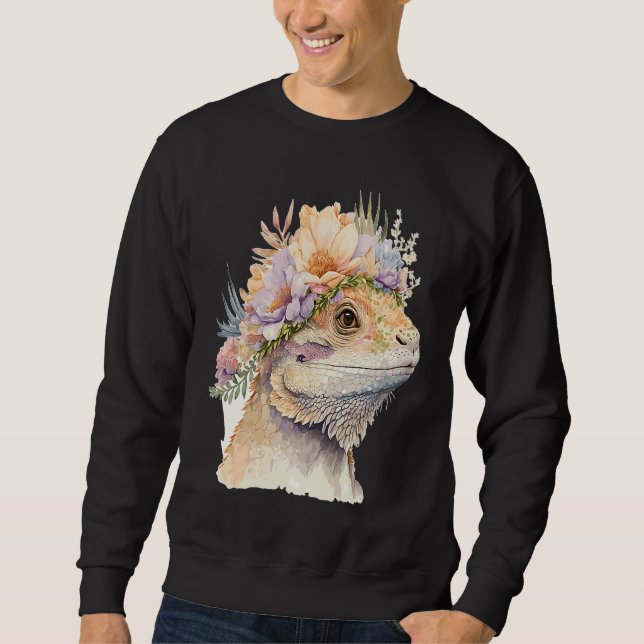 Sweatshirt Cute Bearded Dragon Flower Crown Floral Watercolor (Devant)