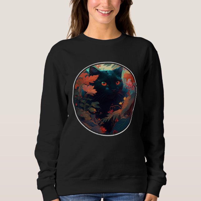 Sweatshirt Cute Black Cat Hiding in Spring Flowers Aesthetic  (Devant)