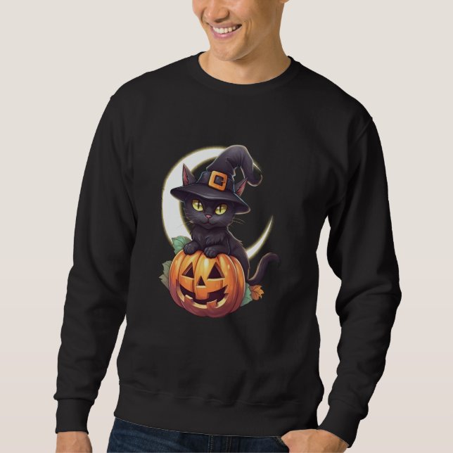 Sweatshirt Cute Black Chat Jack OLantern Citrouille Lune Hall (Devant)