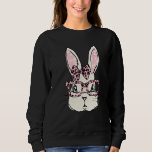 Sweatshirt Cute Bunny Face Pink Leopard lunettes Bow Cravate
