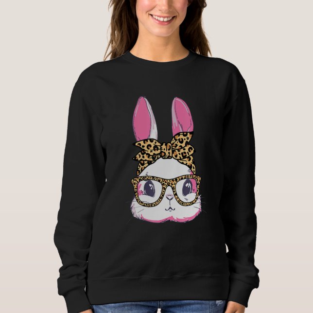 Sweatshirt Cute Bunny Leopard Messy Lunettes Bun Happ Headban (Devant)