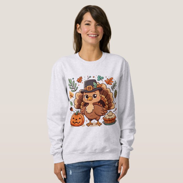 Sweatshirt Cute caricature Thanksgiving dinde et citrouille (Devant entier)