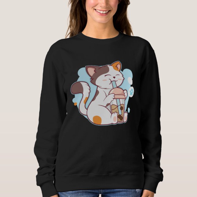 Sweatshirt Cute Cat Drinking Bubble Tea  Tea  Costume (Devant)