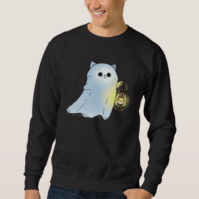 Sweatshirt Cute Cat Ghost With Lantern Spook Phantom Hallowee (Devant)