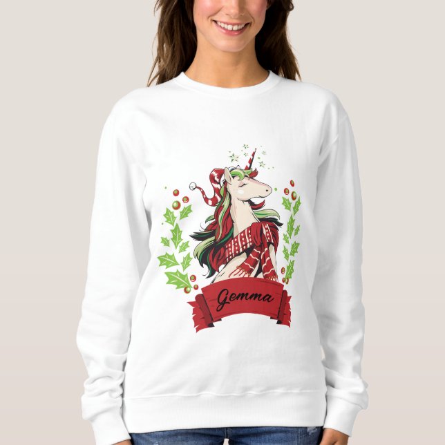 Sweatshirt Cute Christmas Unicorn Nom personnalisé (Devant)