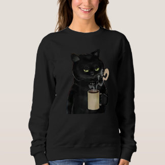 Sweatshirt Cute Coffee Cat Vintage Cat Black Graphic Retro Ca