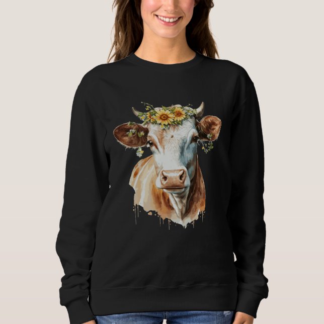 Sweatshirt Cute Cow Sunflower Watercolor Cattle Farm Animal (Devant)