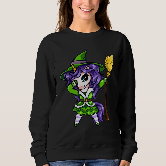 Sweatshirt Cute Dabbing Unicorn Girl Witch With Broom Hallowe (Devant)
