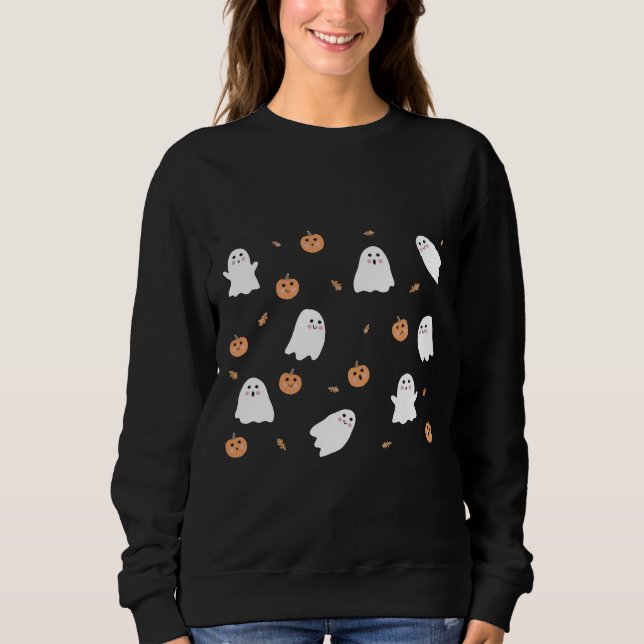 Sweatshirt Cute Fantôme et Citrouille Motif d'Halloween noir (Devant)