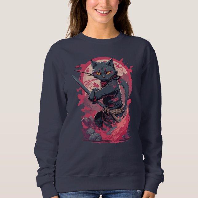 Sweatshirt Cute Fire Splash Noir Ninja Chat Guerrier (Devant)