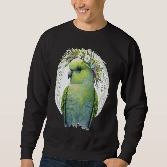 Sweatshirt Cute Green Budgie Parakeet Bird Flower Crown Pet B (Devant)